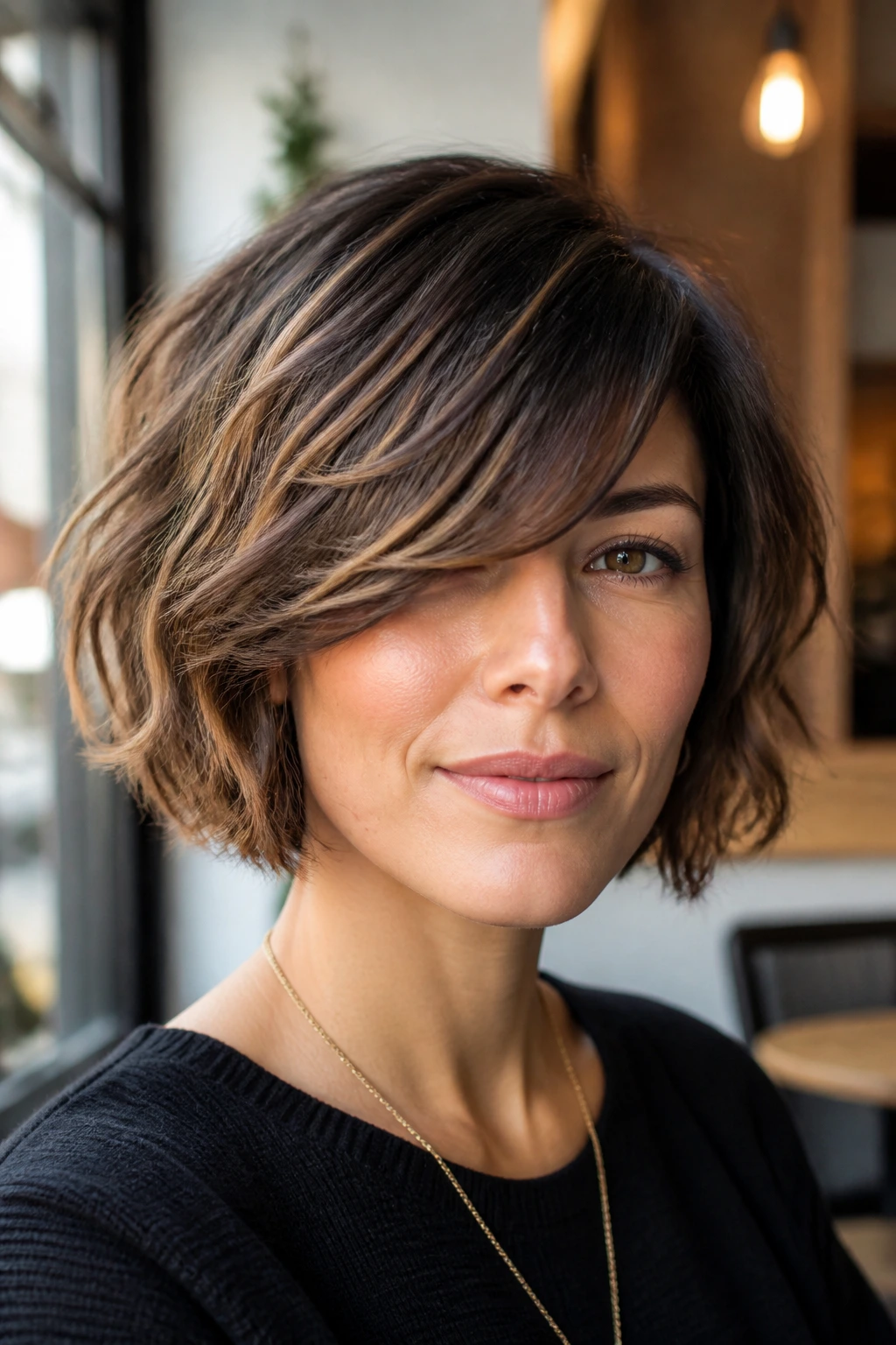 Real woman with side-swept fringe bob in natural light.