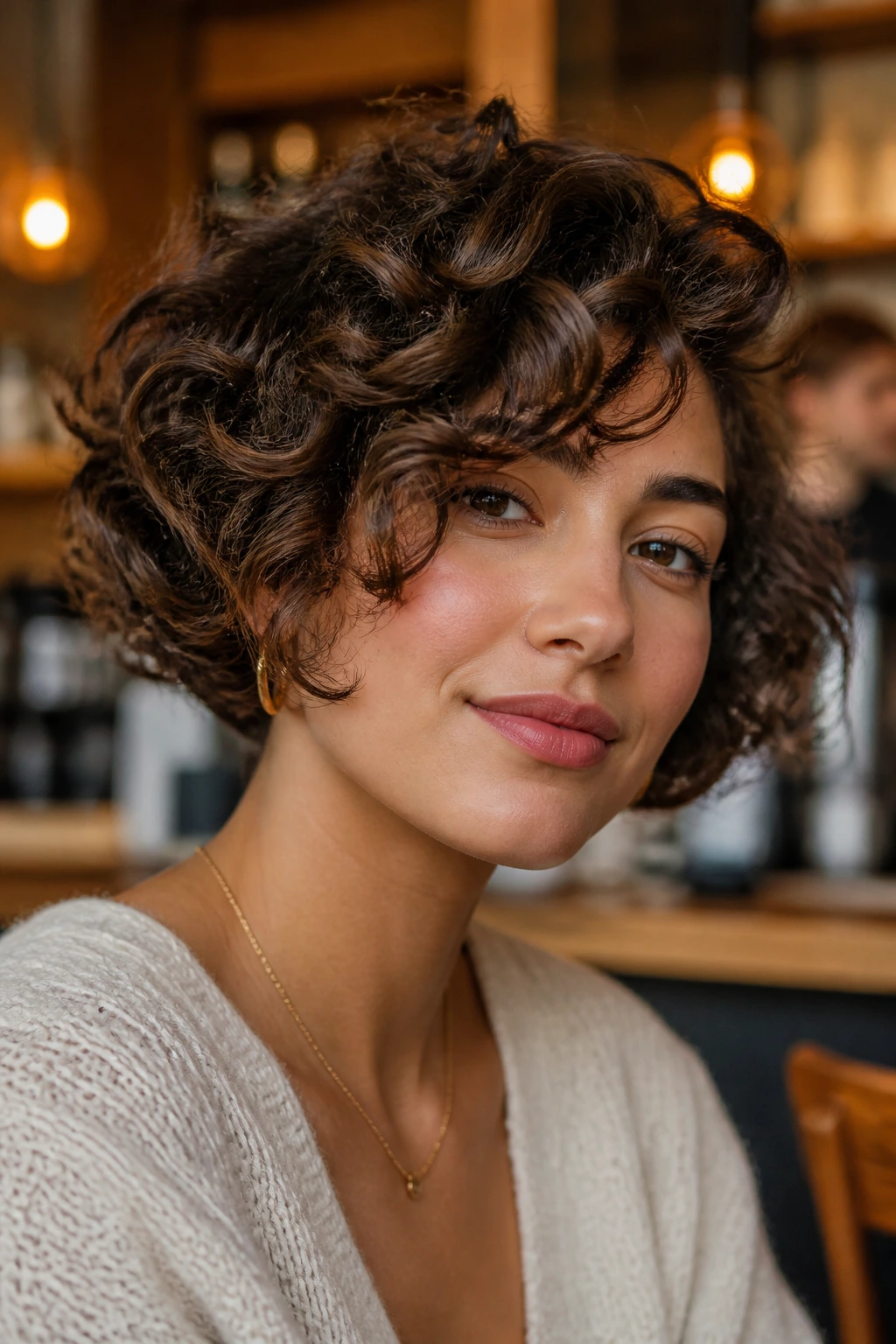 Close up of real person wearing a side swept curly fringe bob in warm cafe lighting.