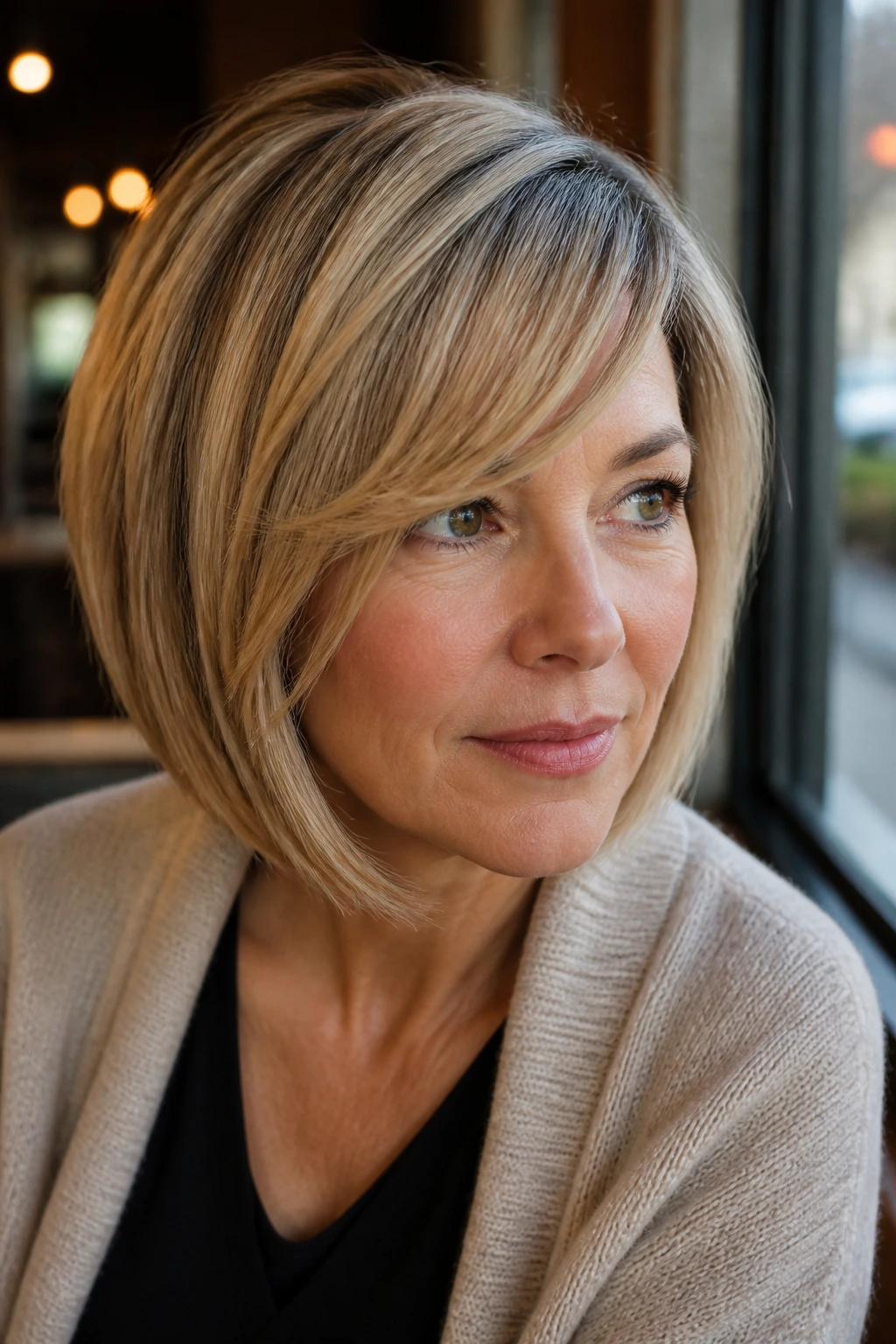 Close-up portrait of a real woman with side-swept fringe and bob