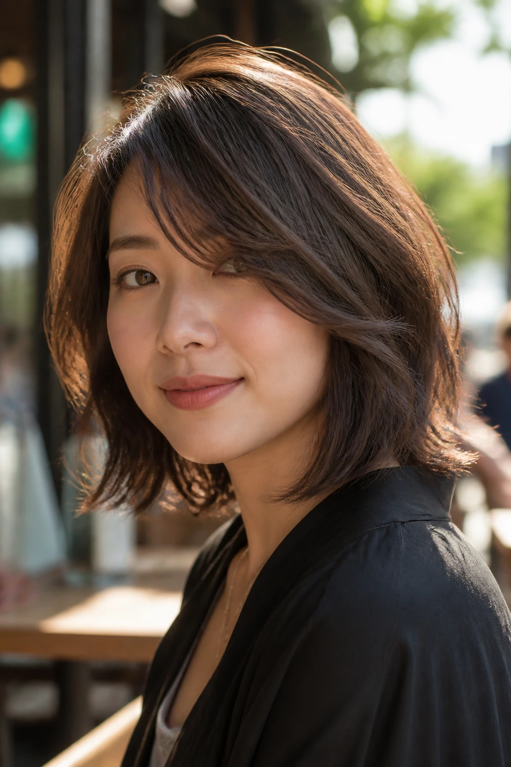 Portrait of a real woman with side-swept fringe bob breaking up round face