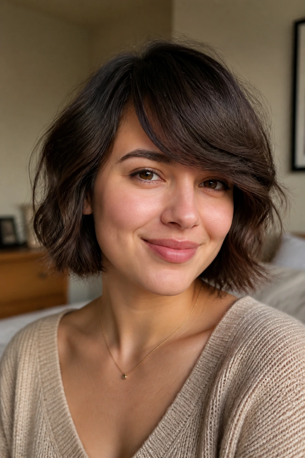 Close-up portrait of a real woman with side-swept fringe bob on wavy hair in natural light
