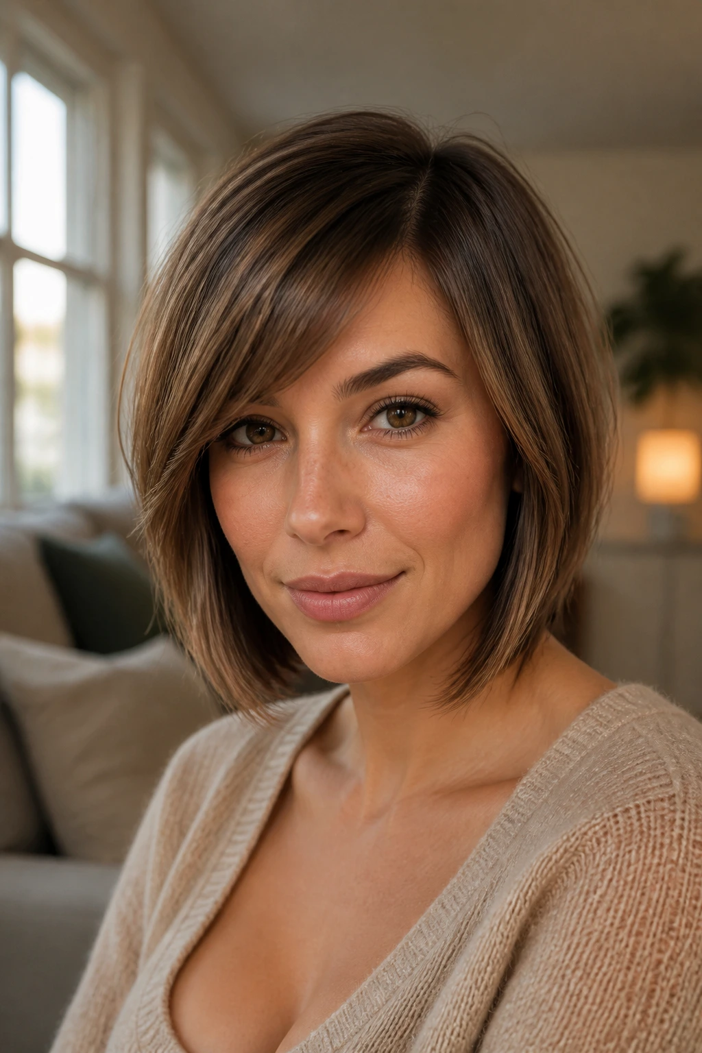 Portrait of a woman with a side-swept fringe and soft corners in natural light