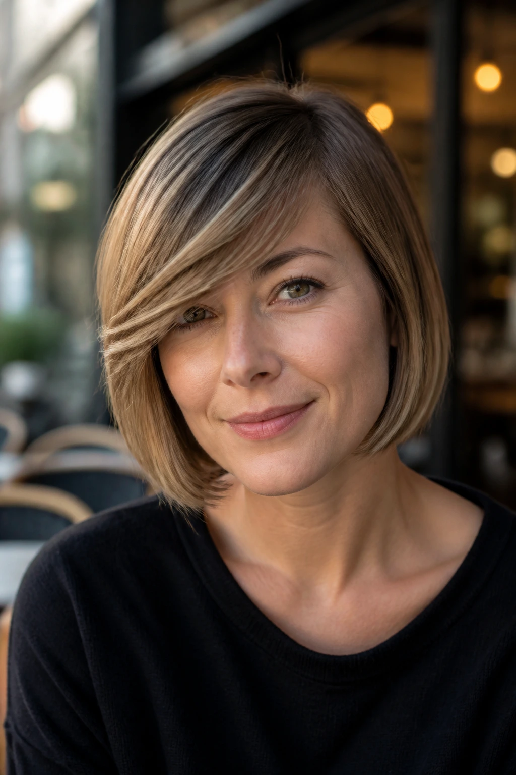 Portrait of a woman with a side-swept fringe bob, fringe crossing the forehead at an angle.