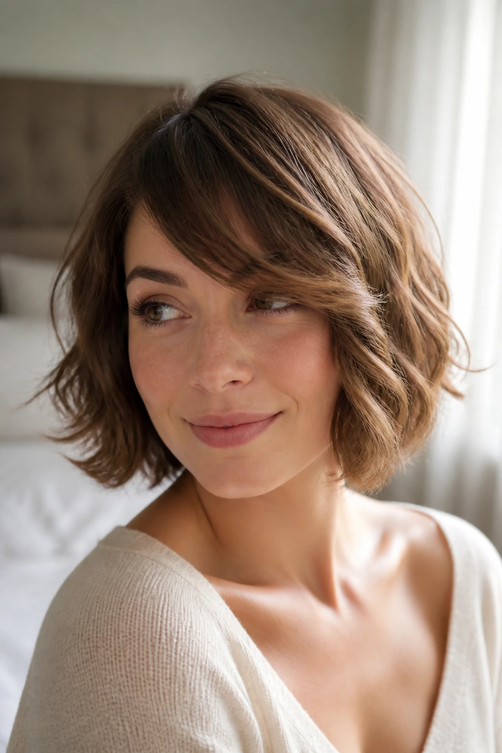 Close-up of a real woman with a side-swept fringe bob and diagonal fringe across the forehead