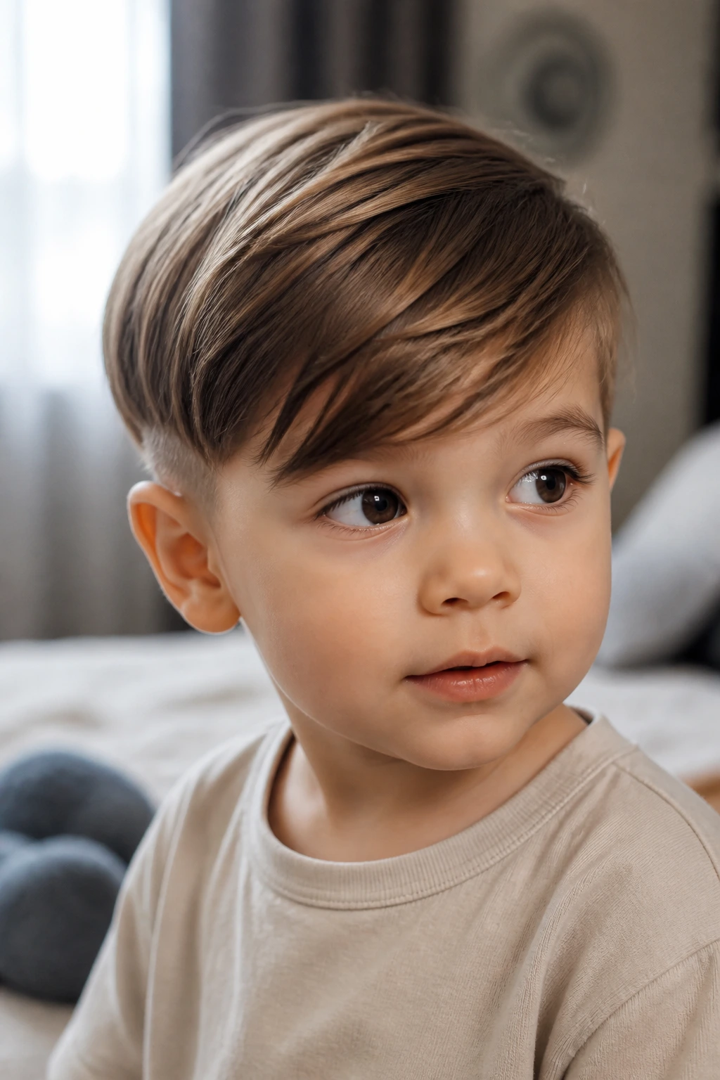 Toddler boy with side-swept fringe bob.