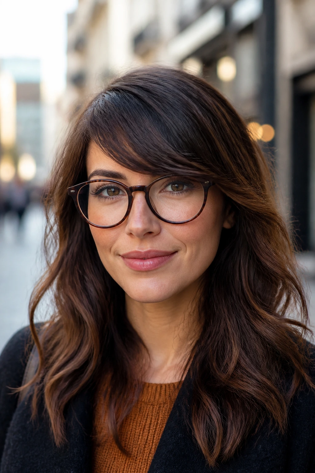 Brunette with diagonal side-swept fringe against an urban background