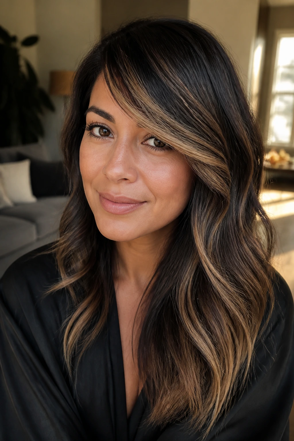 Close-up of a real woman with side-swept fringe and bright camel edge pieces