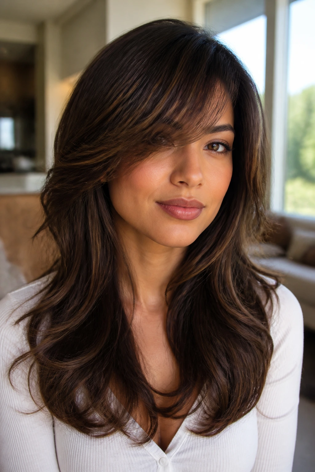 Portrait of a person with side-swept fringe and cascading layers