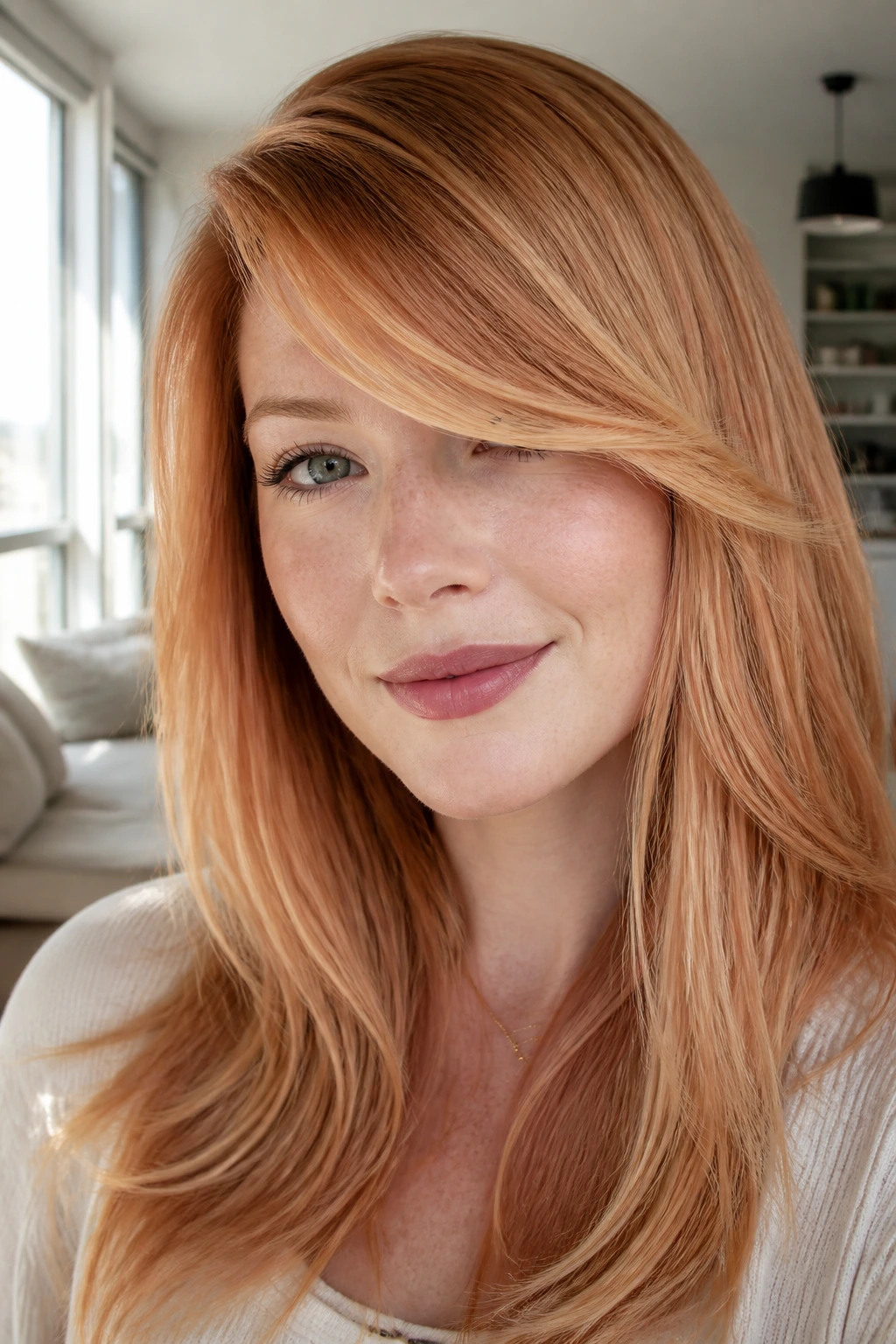 Close-up portrait of a real woman with side-swept fringe and copper melt in window daylight