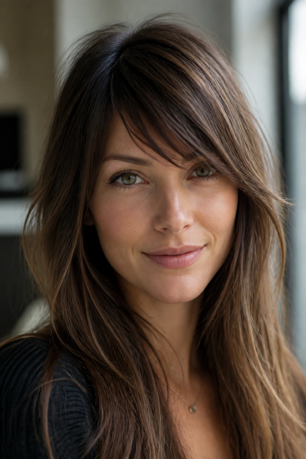 Portrait of woman with side-swept choppy fringe