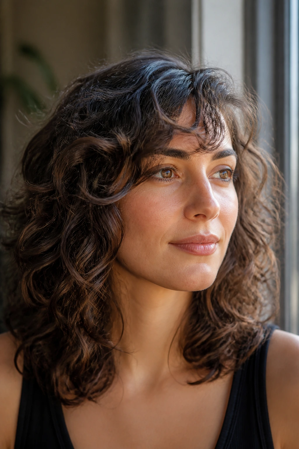Close-up of a real woman with side-swept fringe and mid-length curls under natural light