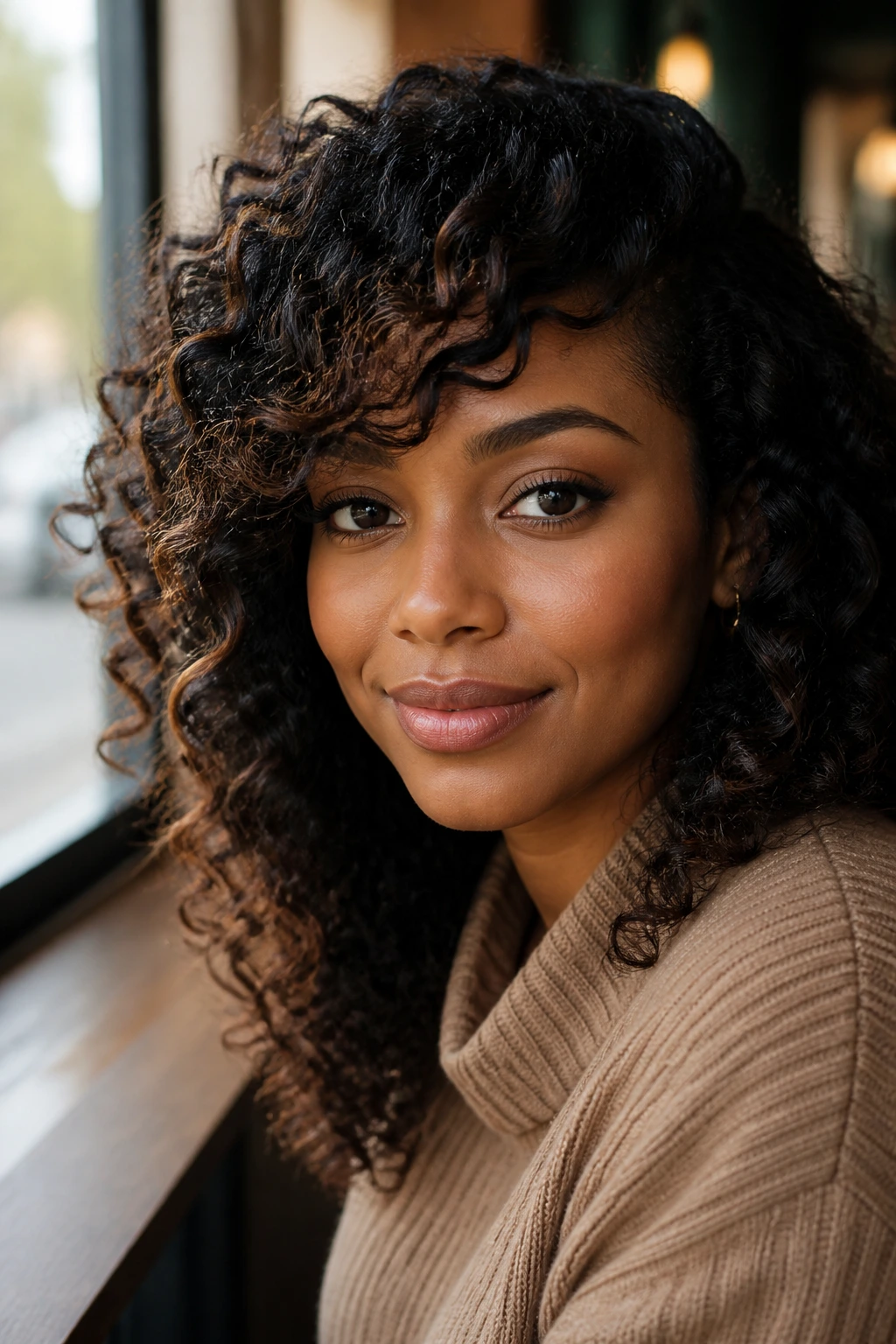 Close-up portrait of a real woman with side-swept fringe curls