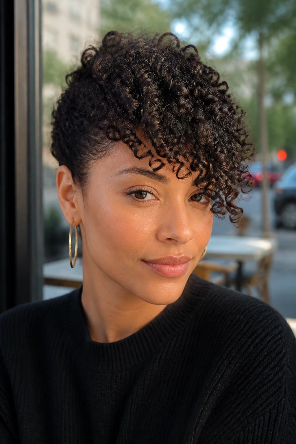 Close-up of a real person with a side-swept fringe and diagonal curl movement