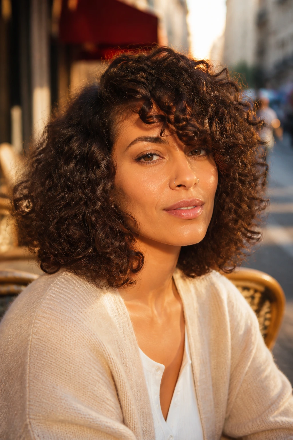 Close-up portrait of a real person with a side-swept fringe on thick curls