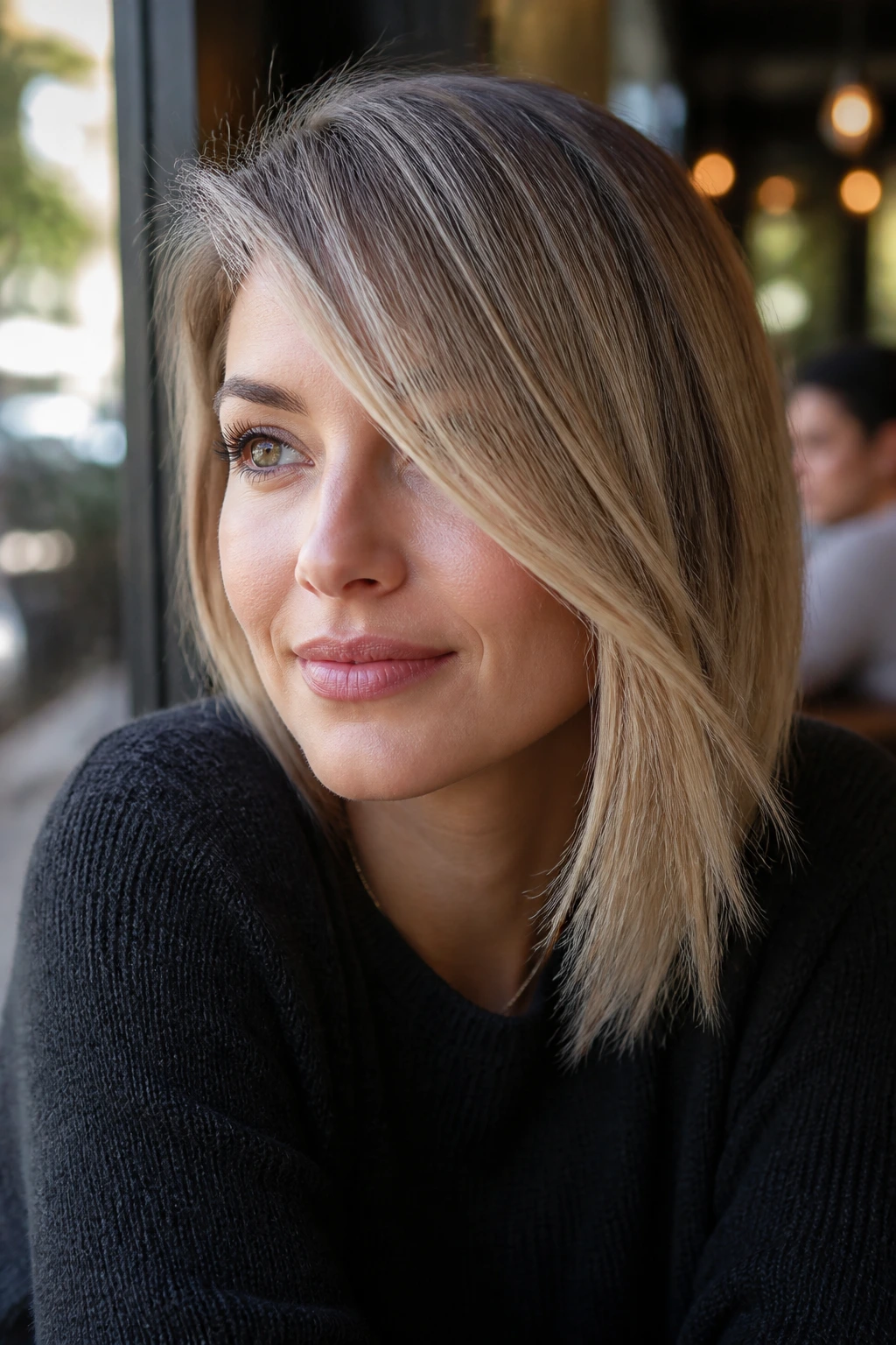 Portrait of a person with a long diagonal side-swept fringe.