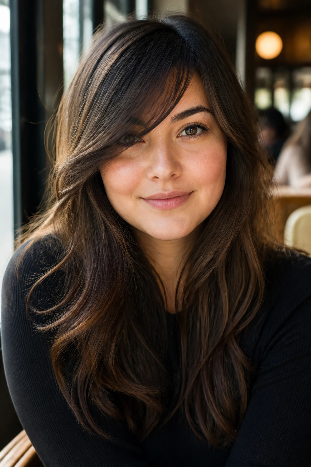 Close-up of a real woman with a diagonal side-swept fringe across the forehead