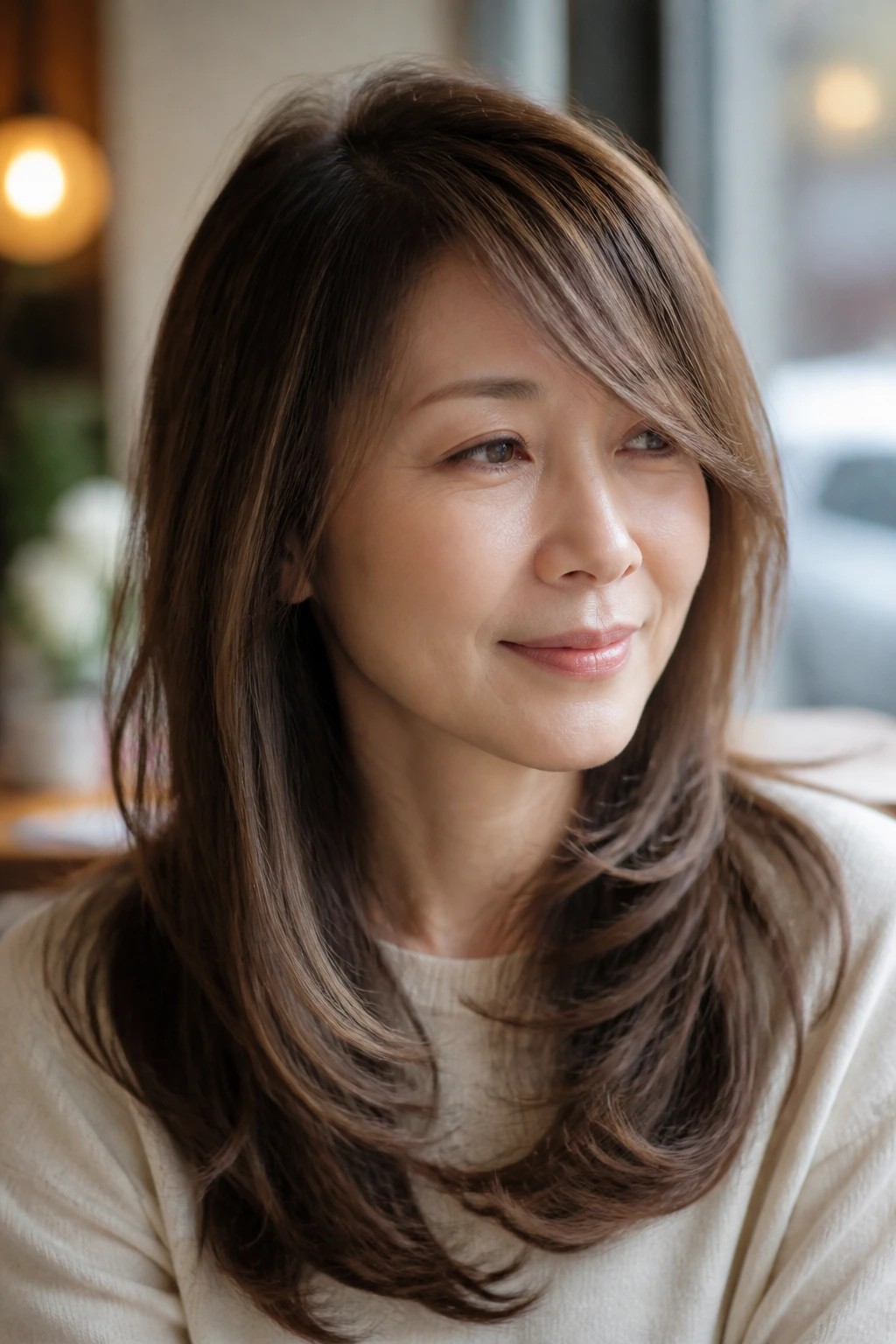 Close-up portrait of a real woman with a long side-swept fringe and draped layered hair