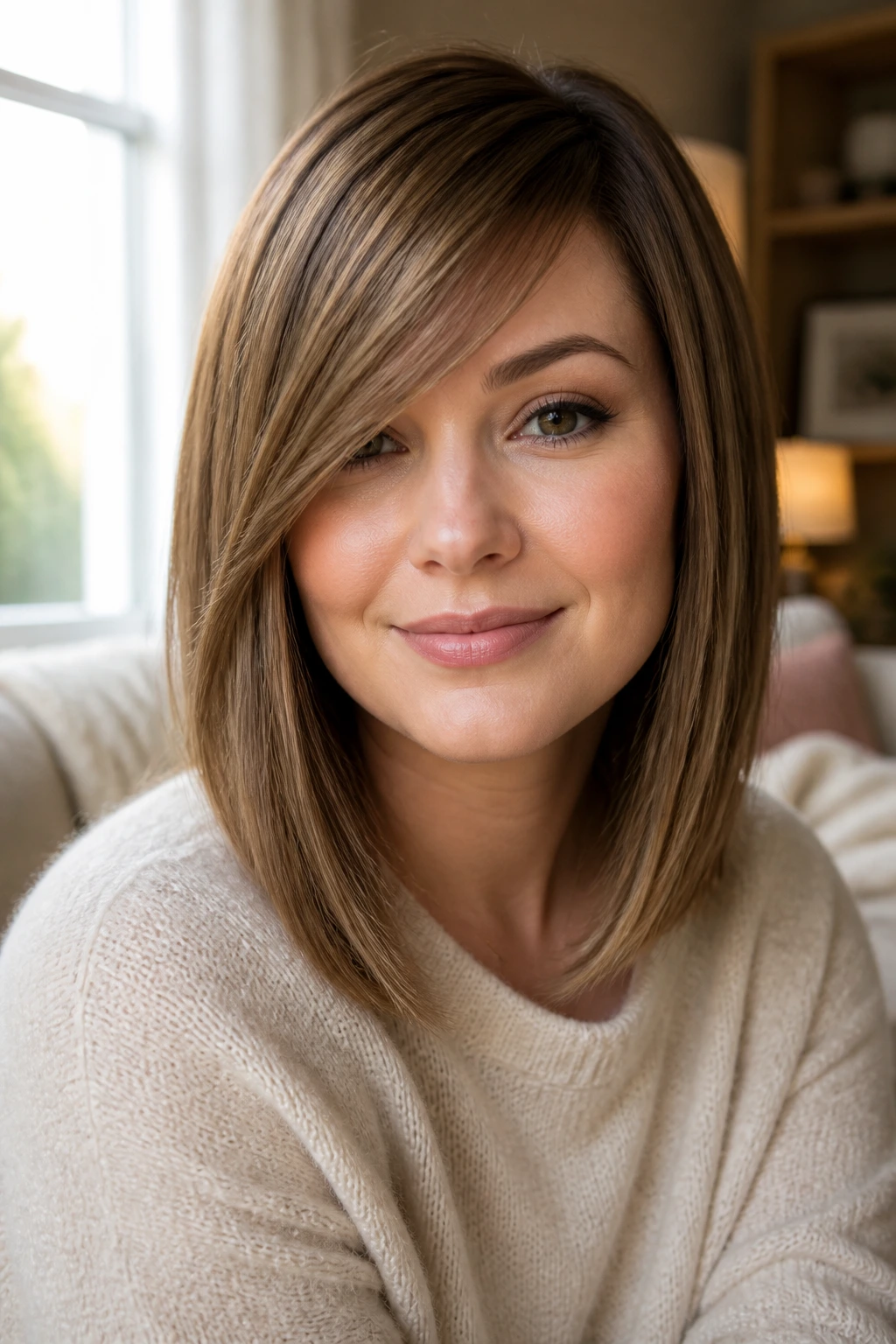 Close-up of a real woman with a side-swept fringe