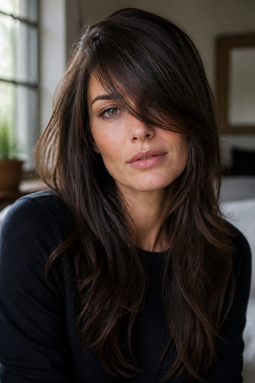Close-up of a woman with a side-swept fringe skimming one eye