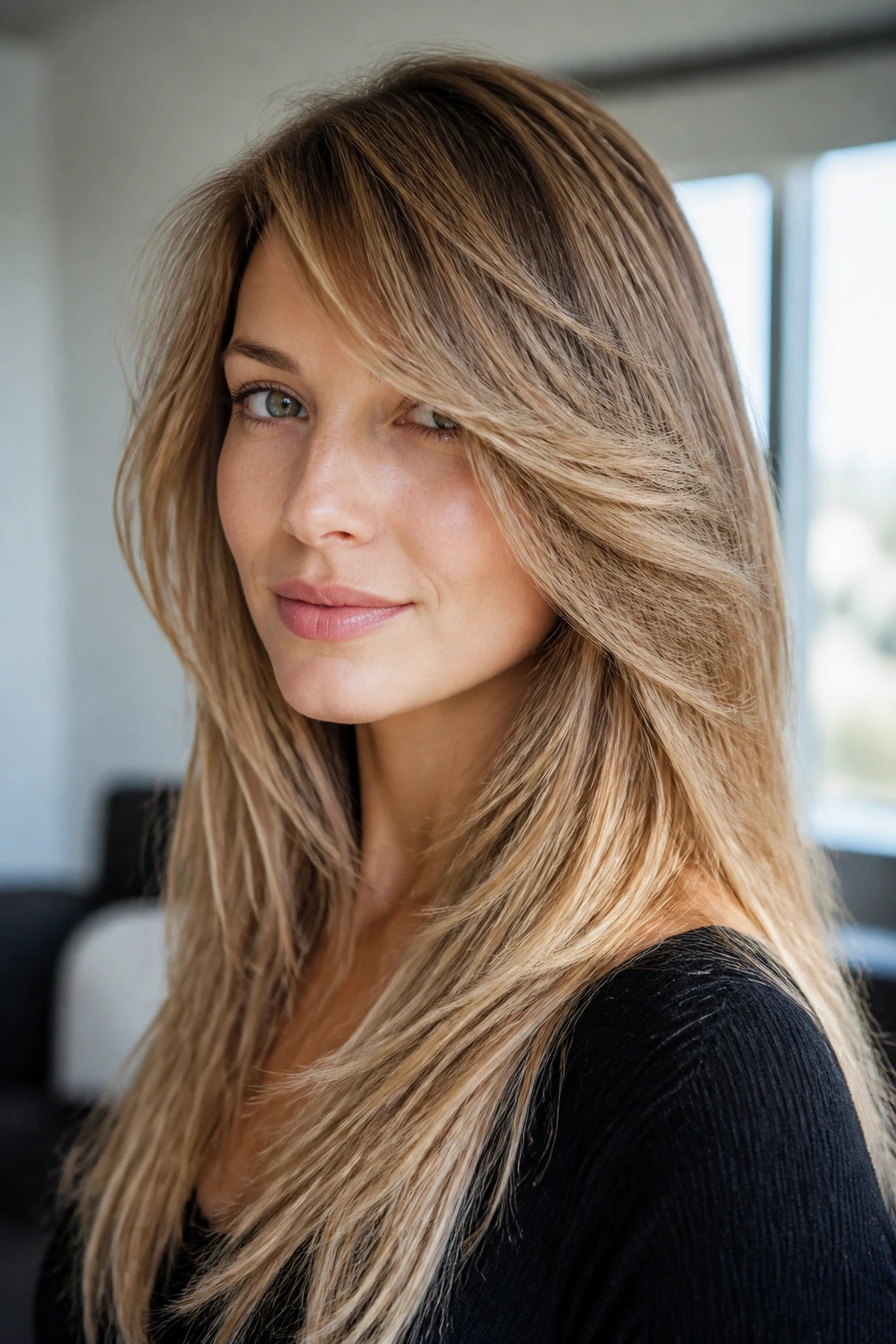 Three-quarter portrait of a real woman with a diagonal side-swept feather fringe blending into front layers