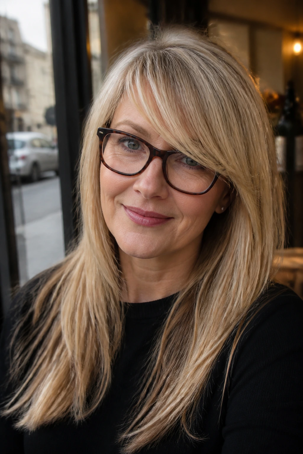 Close-up portrait of a real woman with side-swept fringe and glasses