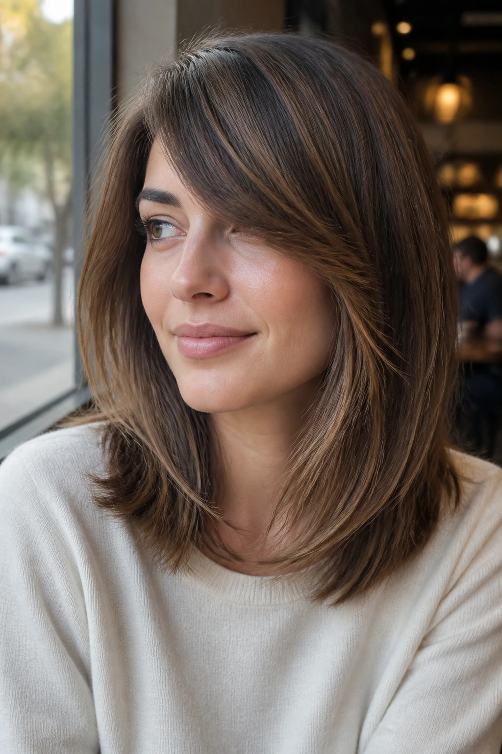 Real woman with side-swept fringe and soft length through the ends, natural light