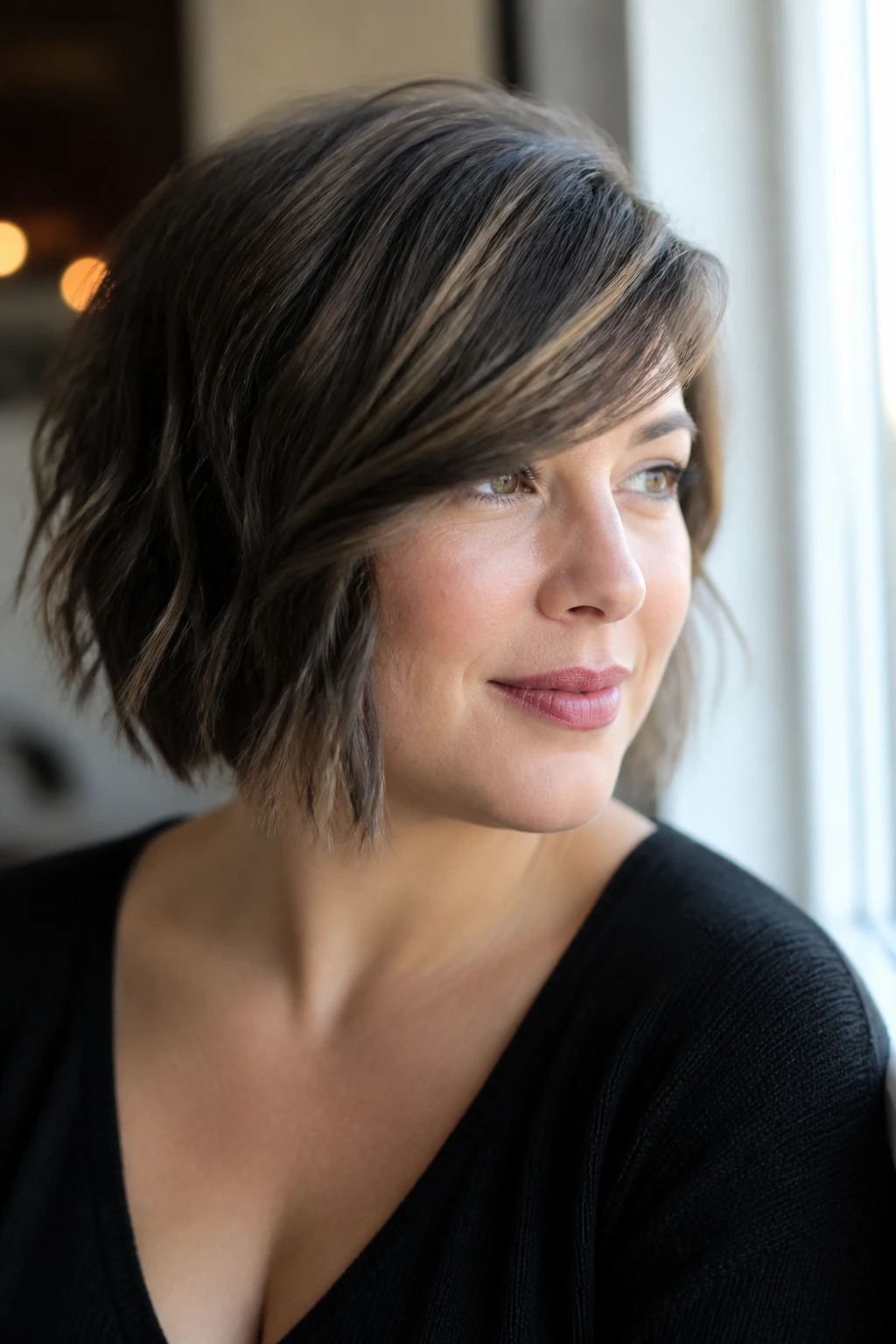Close-up of a real woman with side-swept fringe inverted bob