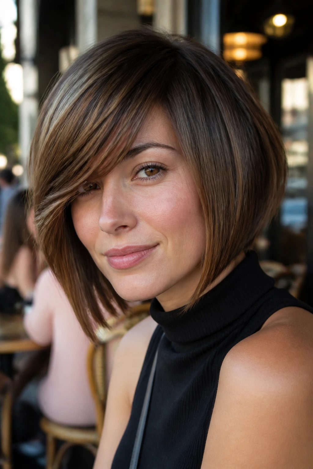 Close-up portrait of a real woman with side-swept fringe inverted bob in daylight
