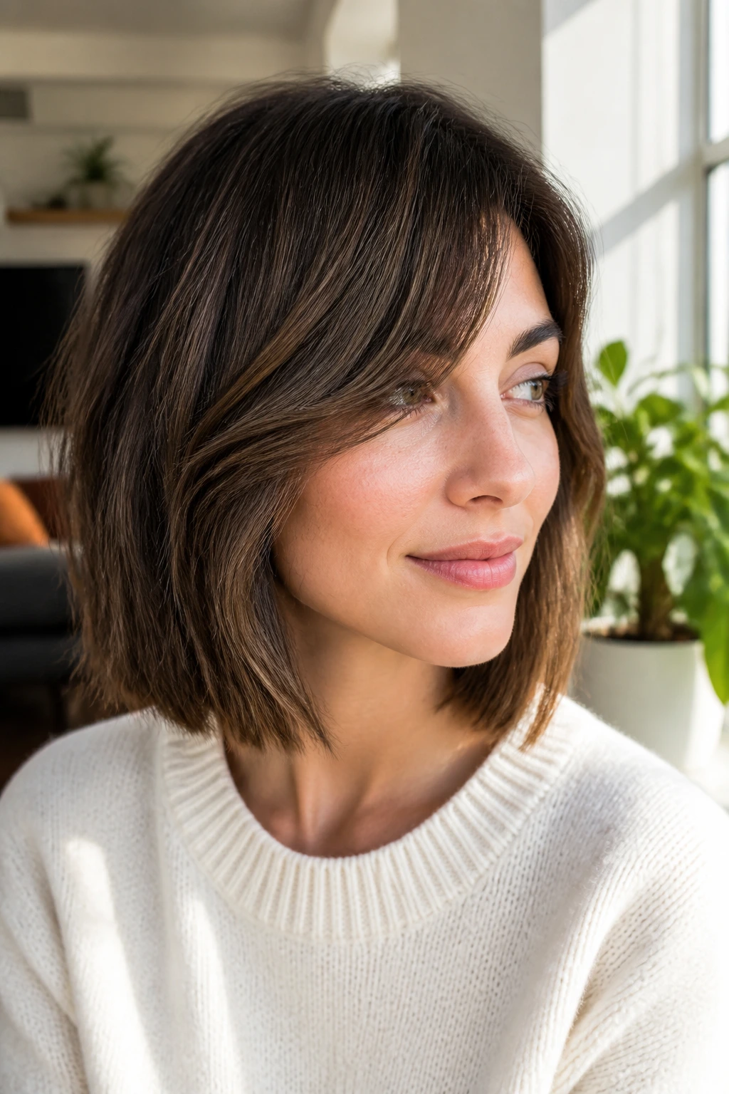 Real person with side-swept fringe lob in sunlit room