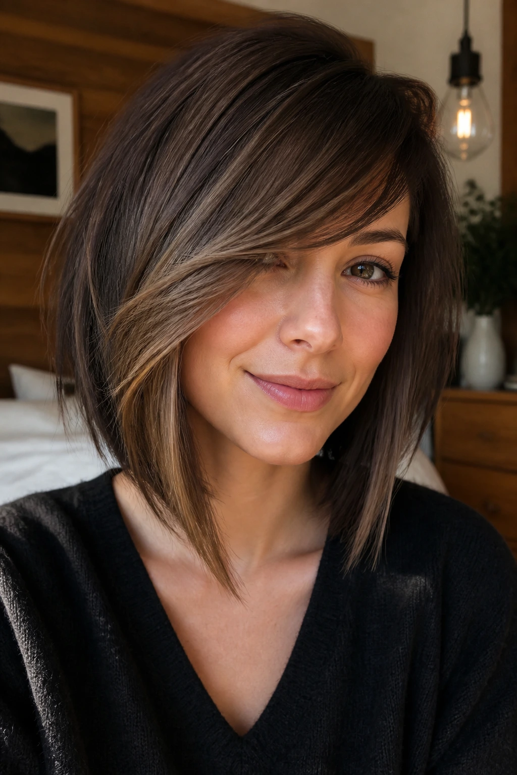 Close-up of a real woman with a side-swept fringe lob under warm window light