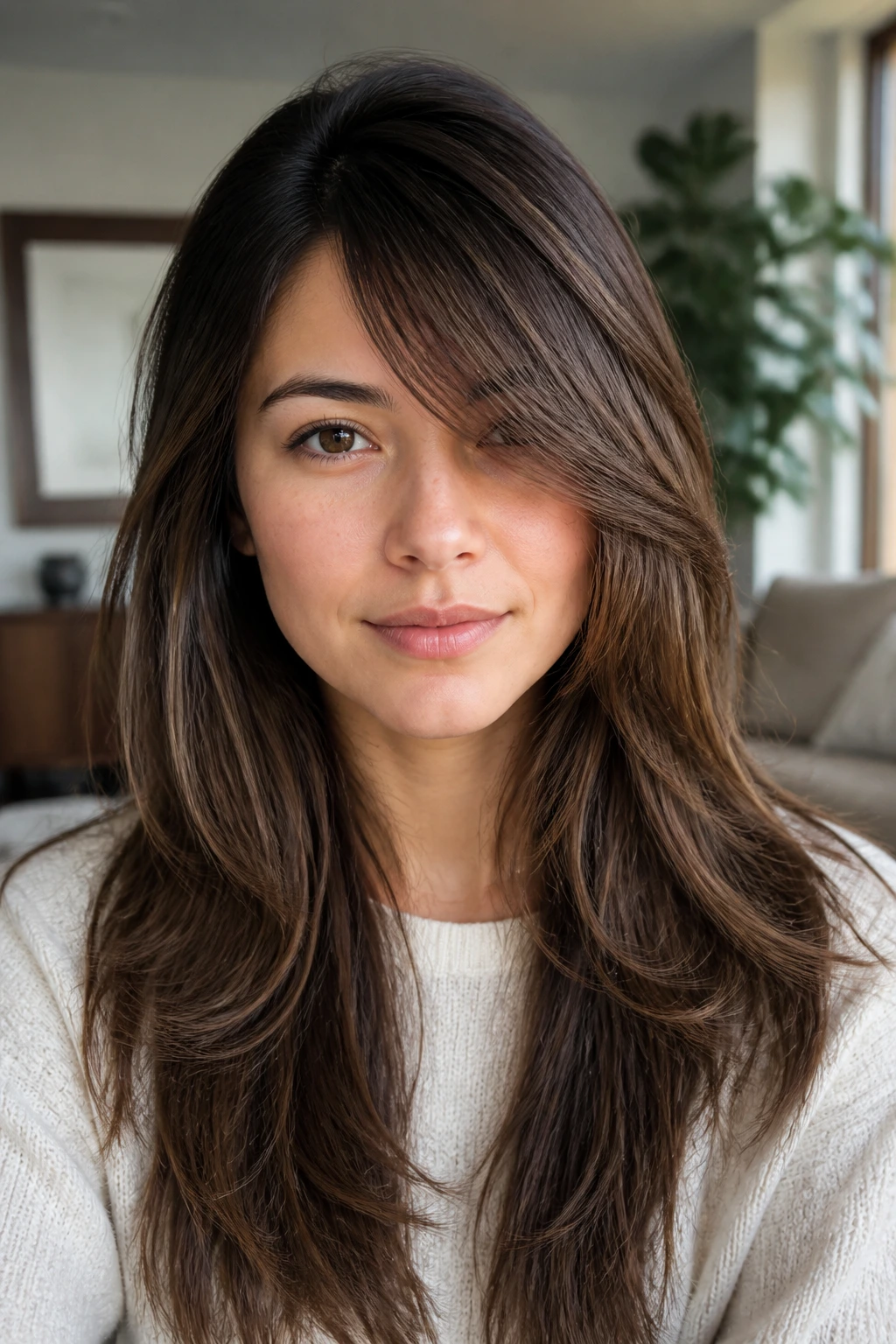 Close-up of a real person with side-swept fringe and cascading layers