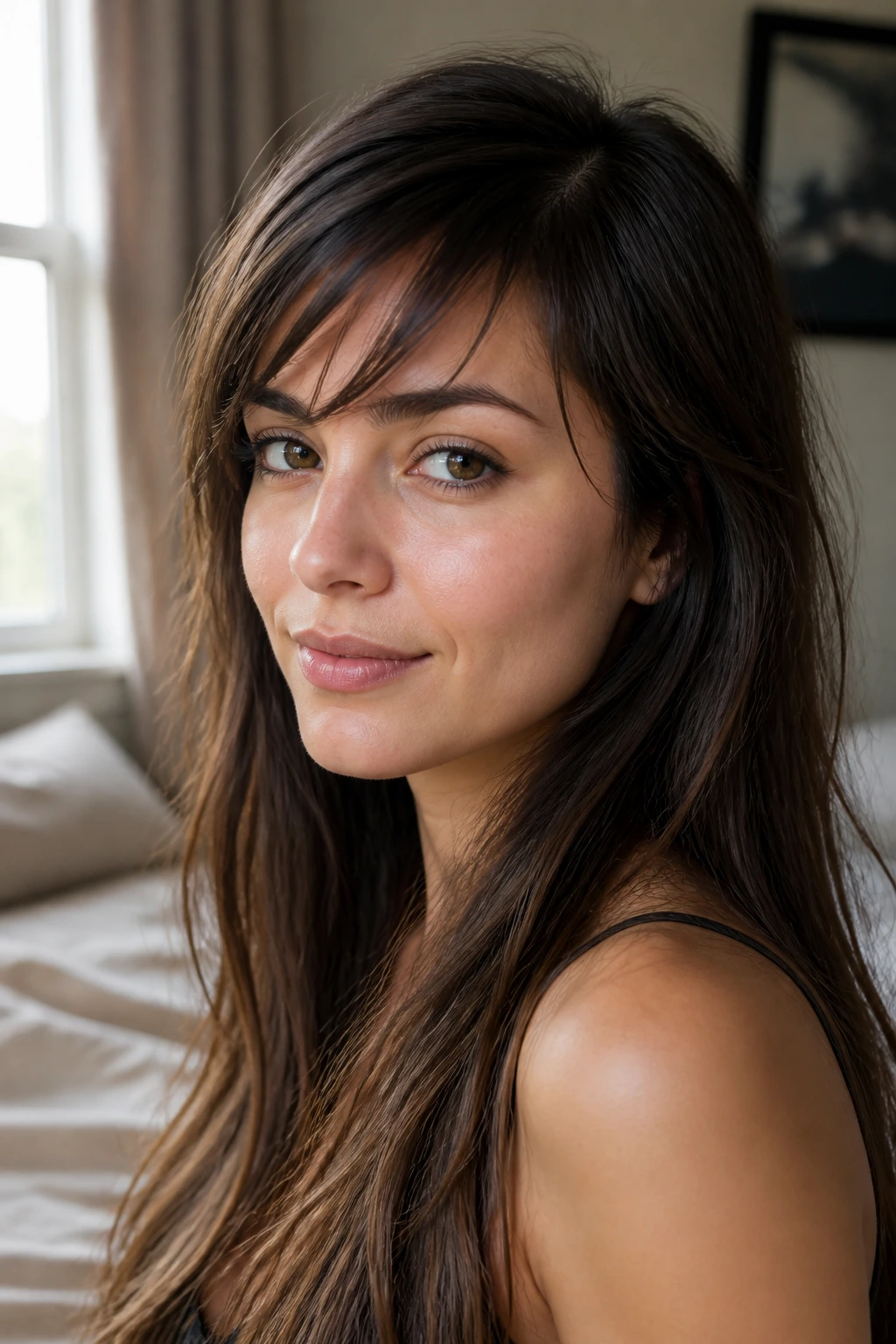 Close-up of a real woman with side-swept choppy fringe on long hair