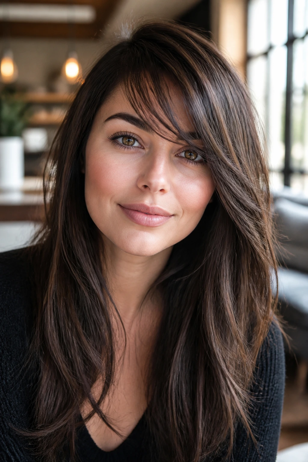 Real woman with soft side-swept fringe across forehead.