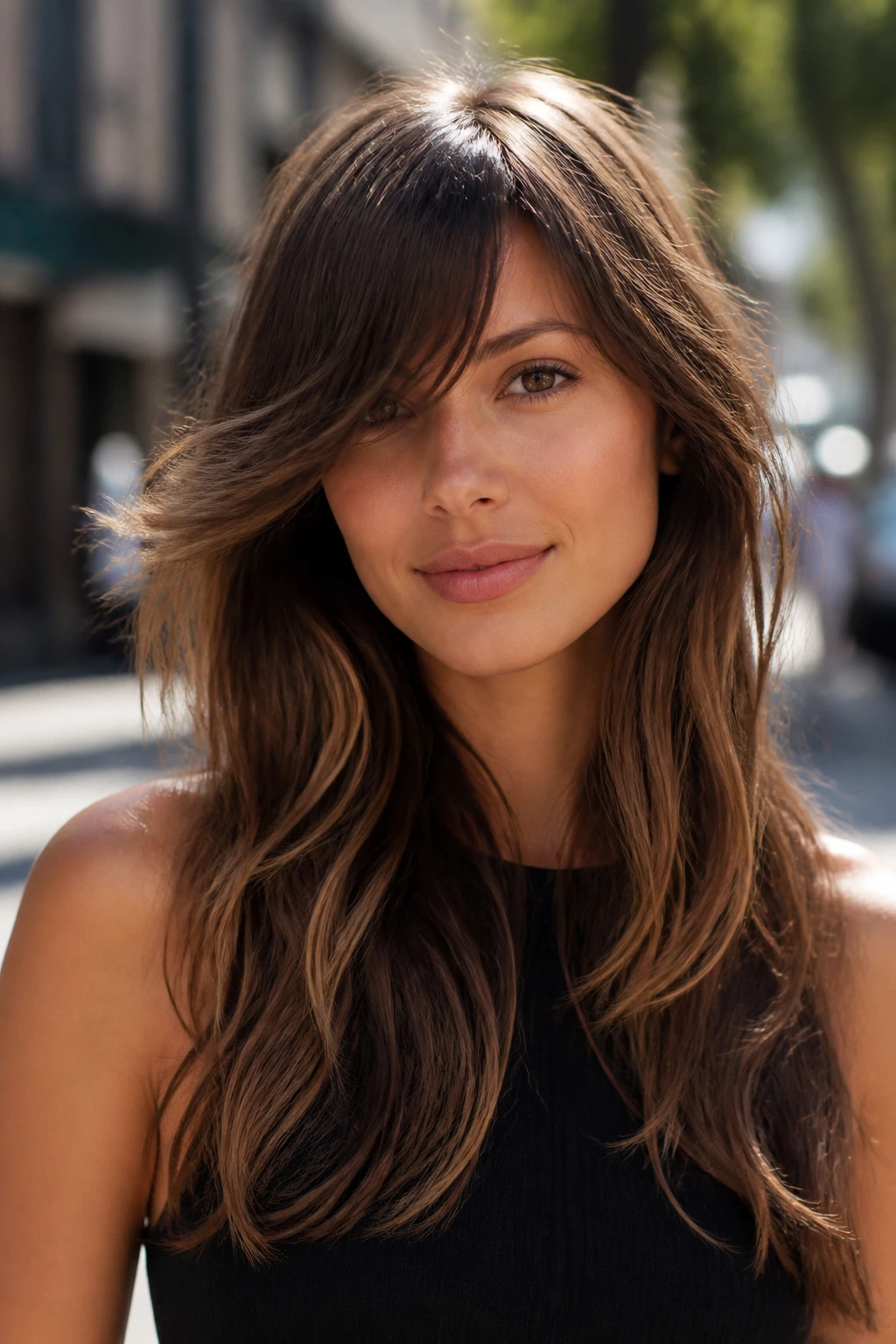 Side-swept fringe with long layers hairstyle on real woman, close-up portrait