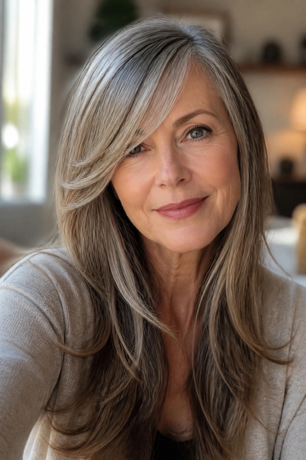 Close-up portrait of a real woman with side-swept fringe and long-length hair in natural window light