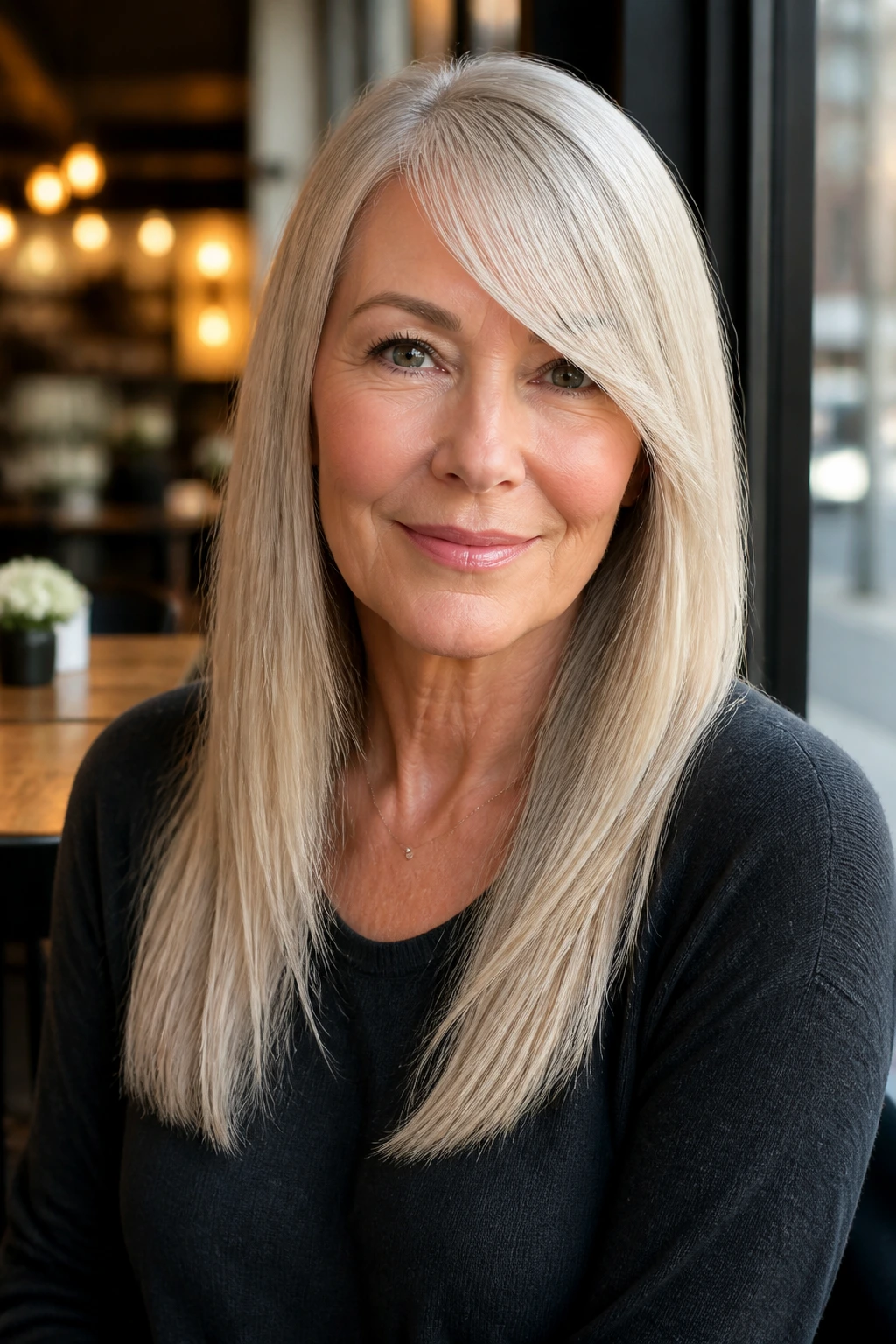 Close-up of a real woman with side-swept fringe and long straight ends