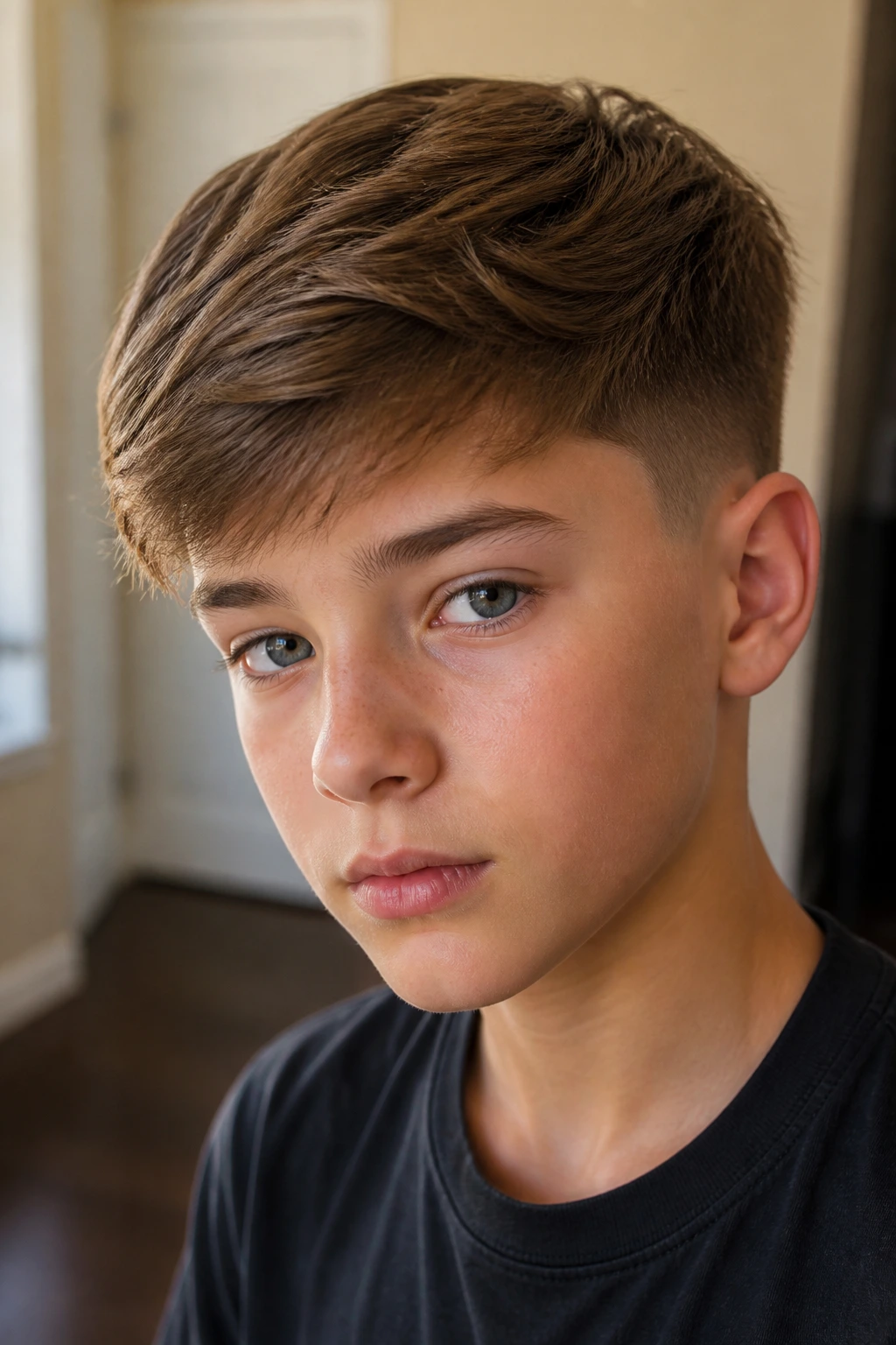 Boy with side-swept fringe and low tapered sides
