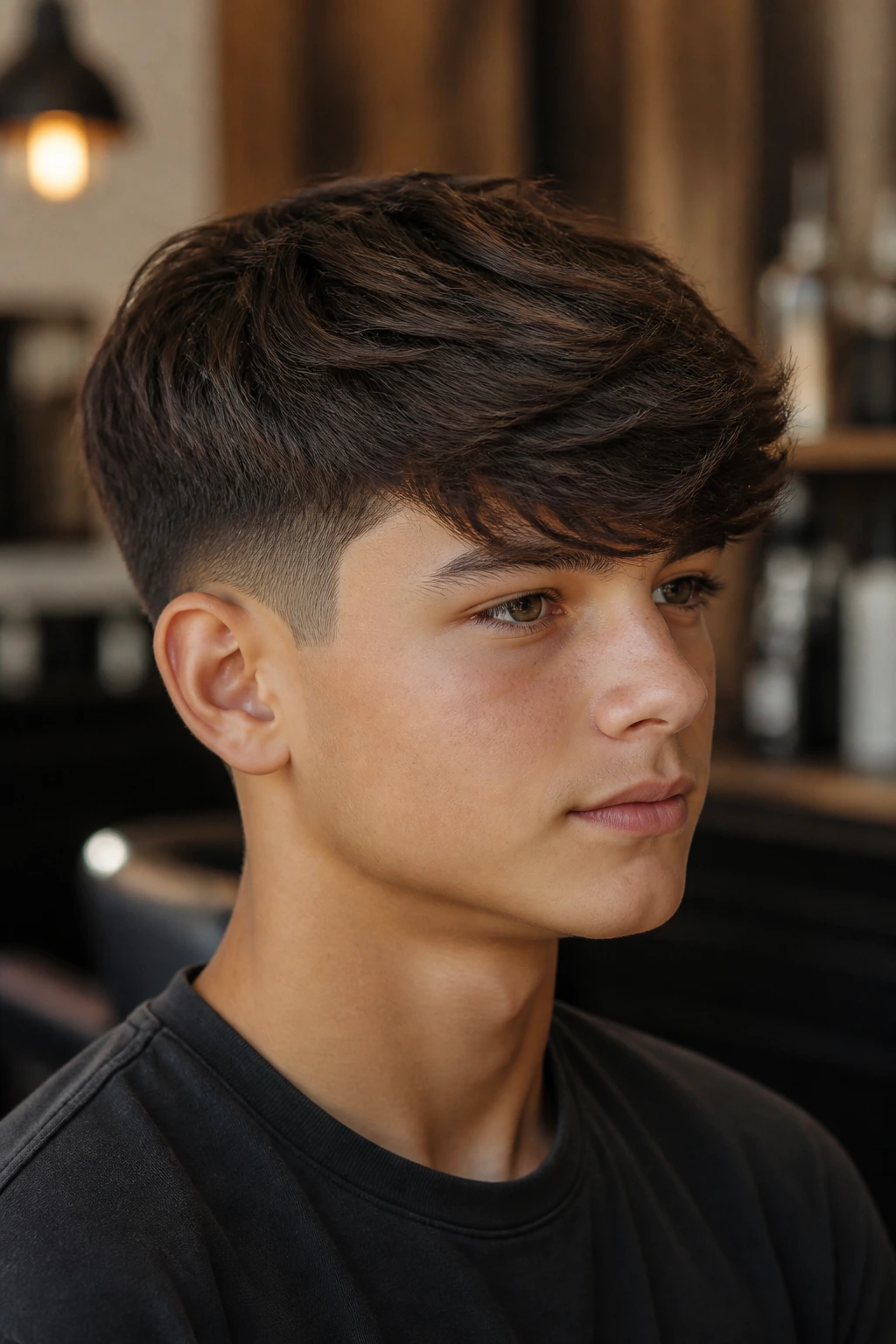 Portrait of a real boy with a side-swept fringe and low taper on the sides, showing diagonal fringe across the forehead