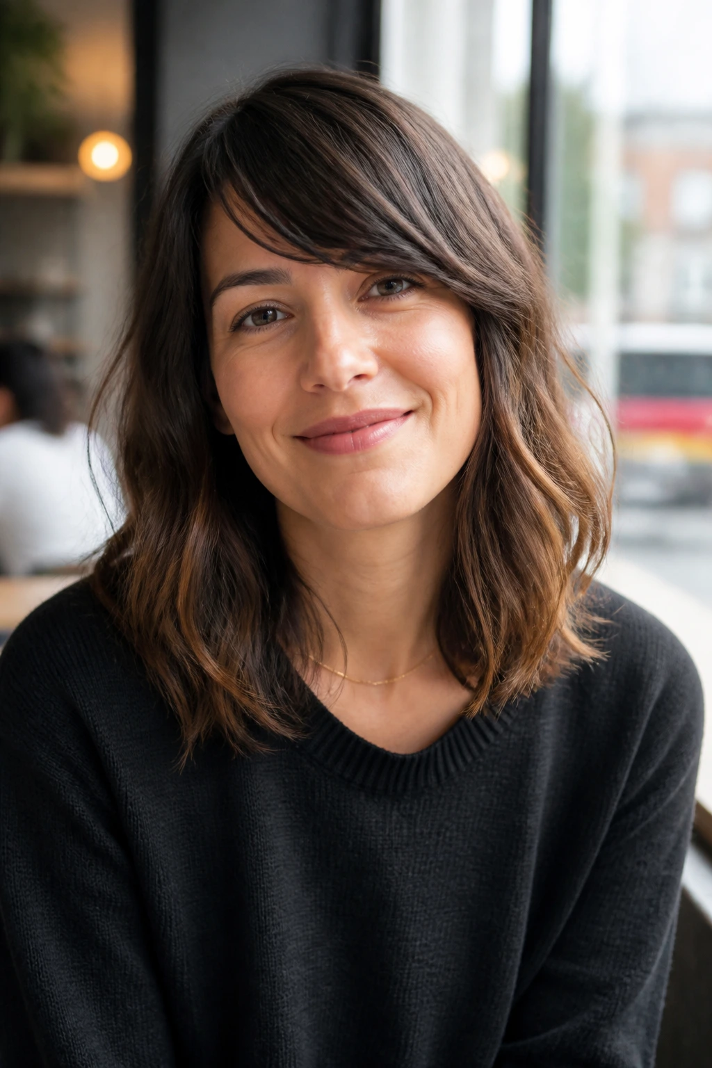 Close-up of a real woman with side-swept fringe midi and soft waves