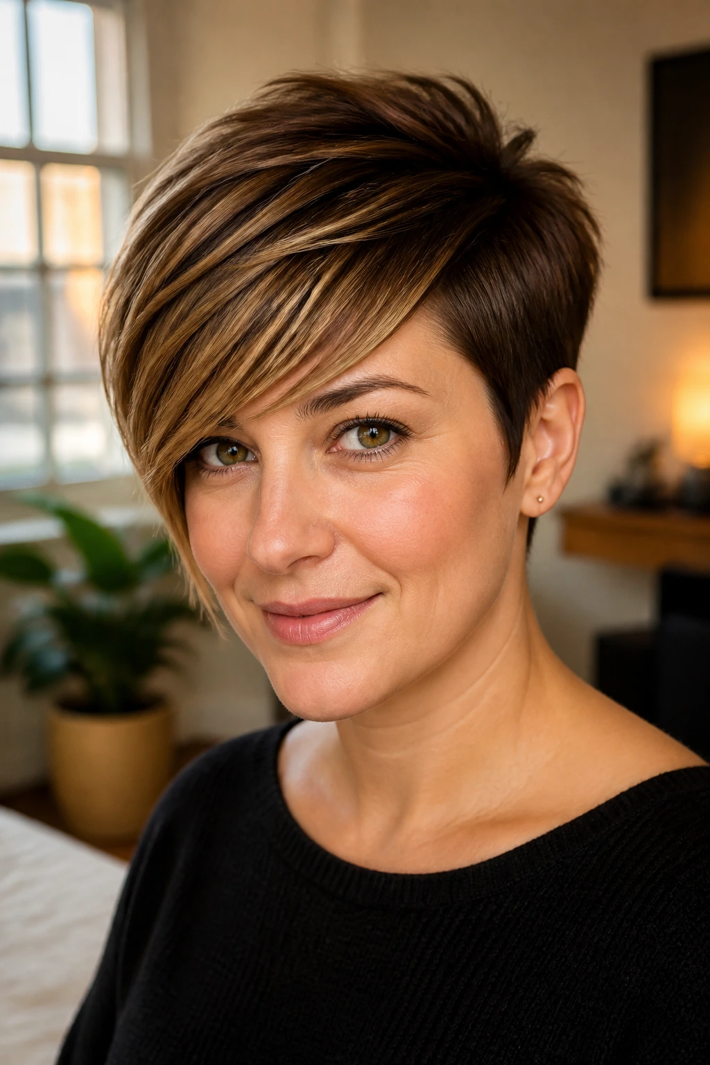 Portrait of woman with long side-swept fringe pixie in warm light.
