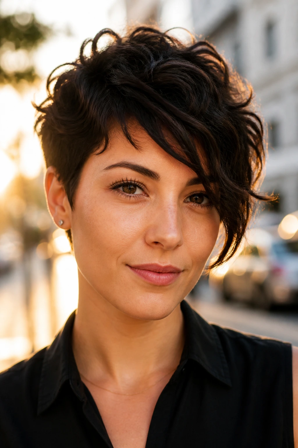 Real person with side-swept fringe pixie and long front arc in natural light