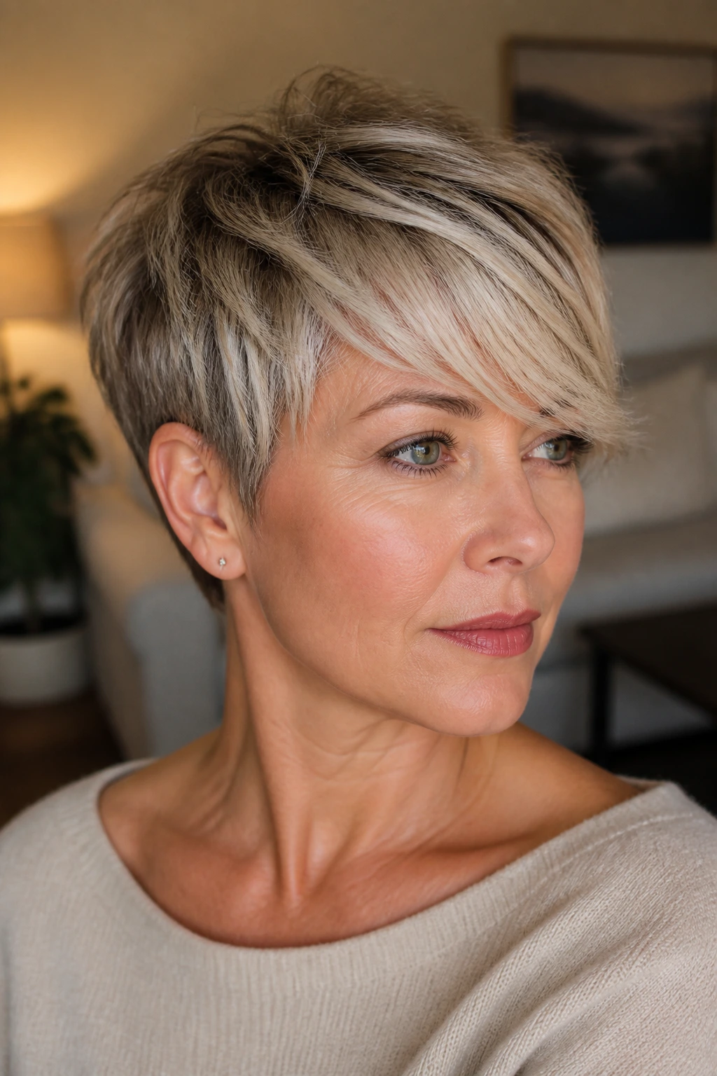 Portrait of woman with side-swept fringe pixie and champagne babylights.