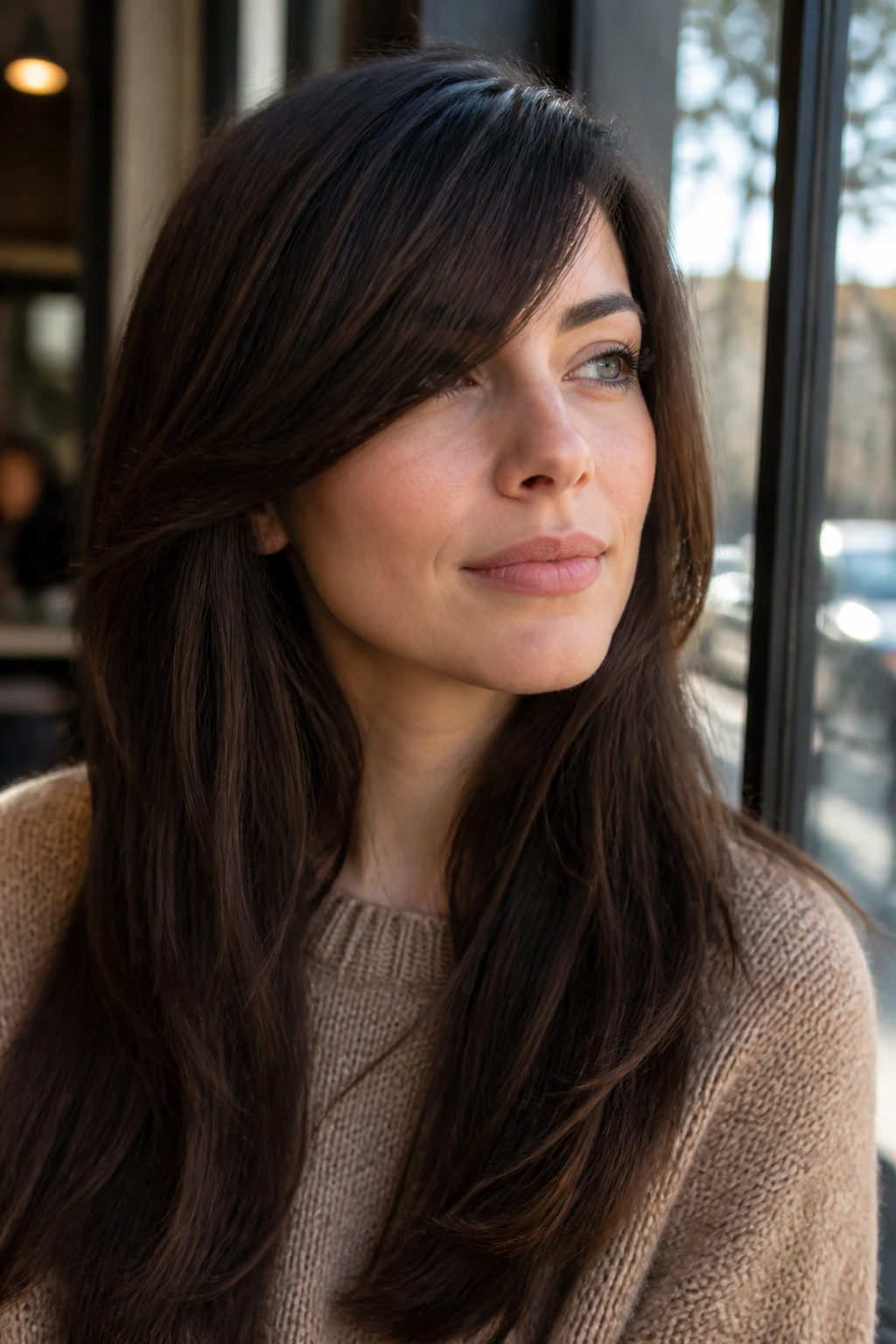 Portrait showing a long side-swept fringe softening the forehead