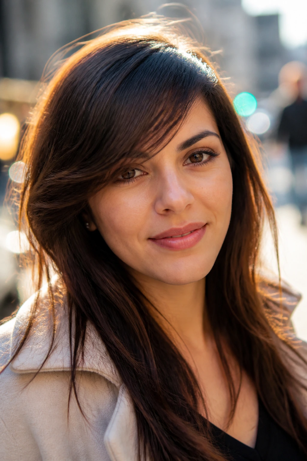 Close-up of a real woman with a diagonal side-swept fringe