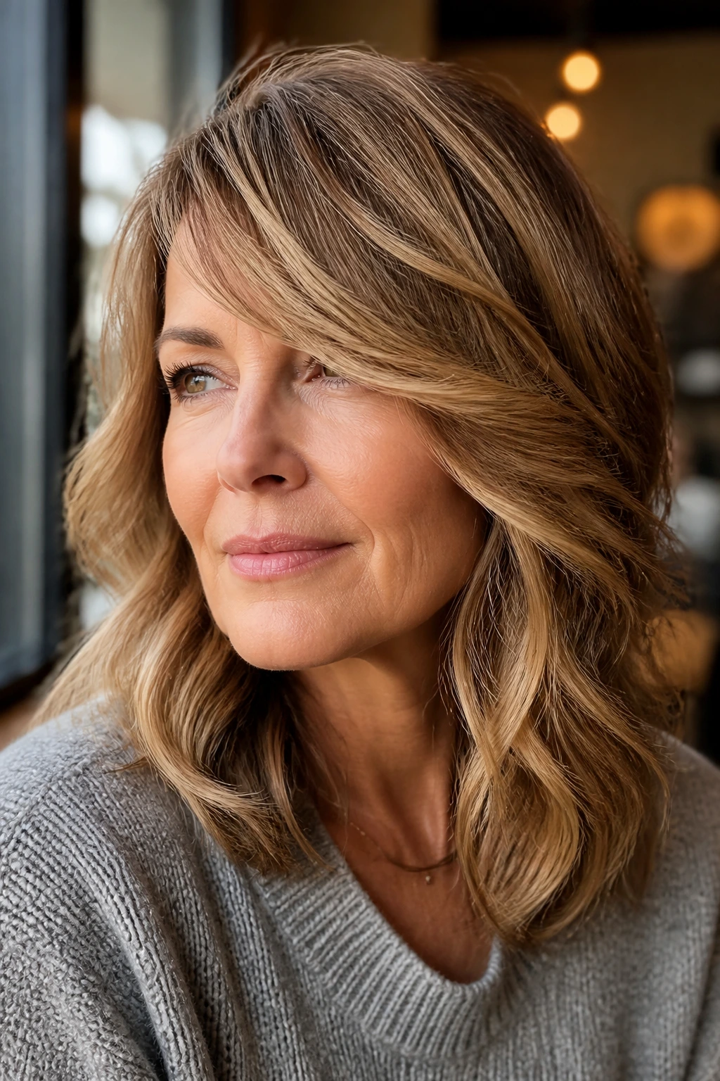 Real woman with side-swept fringe and ribbon waves