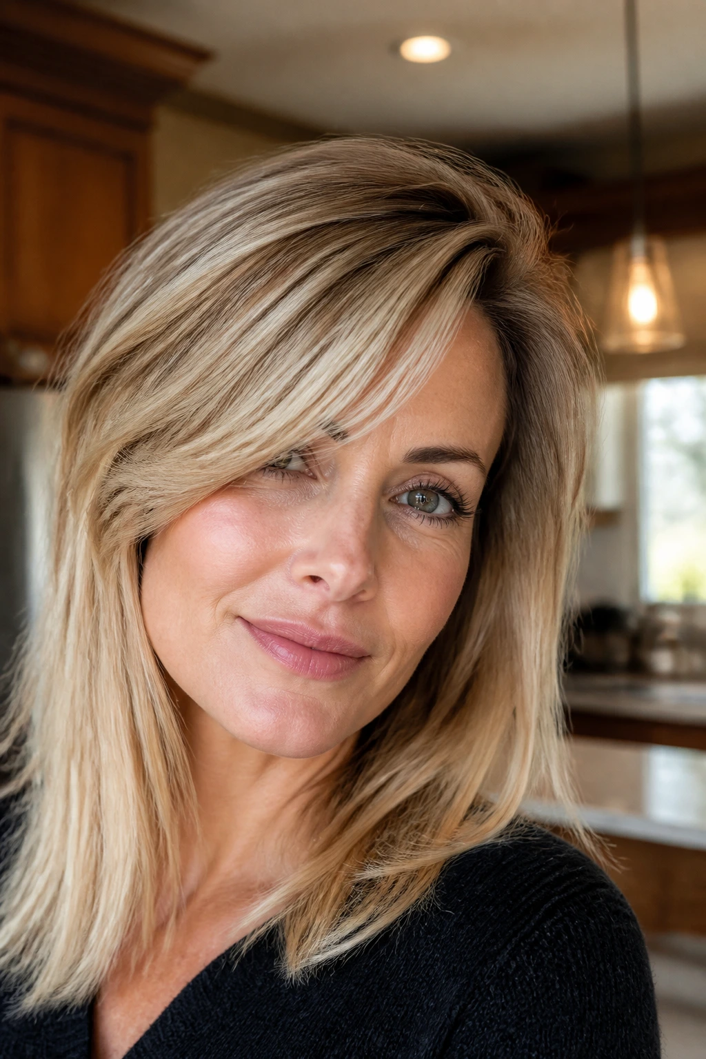 Portrait of a real person with a side-swept fringe and lifted roots