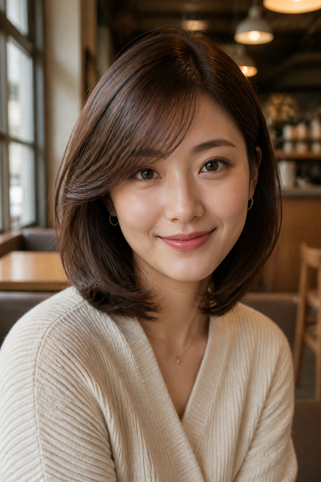 Real person with side-swept fringe and rounded lob.