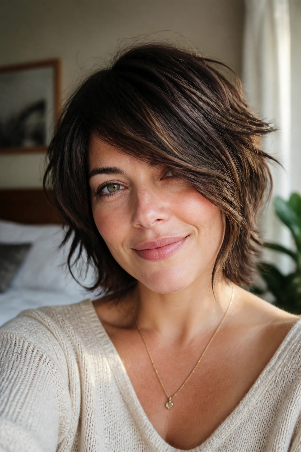 Close-up portrait of a real woman with a Side-Swept Fringe Shag featuring diagonal fringe and textured layers
