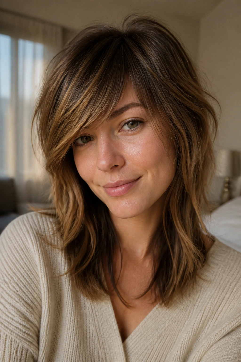 Portrait of a real woman with side-swept fringe shag in softly lit bedroom