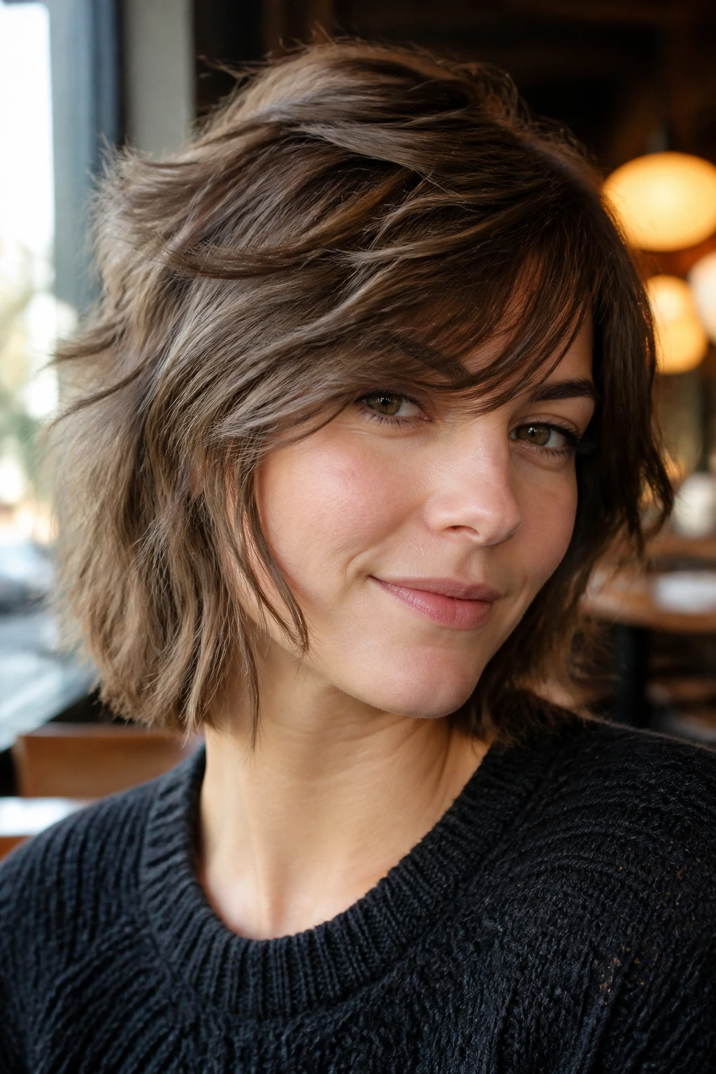Real woman with side-swept fringe shag in cafe lighting.